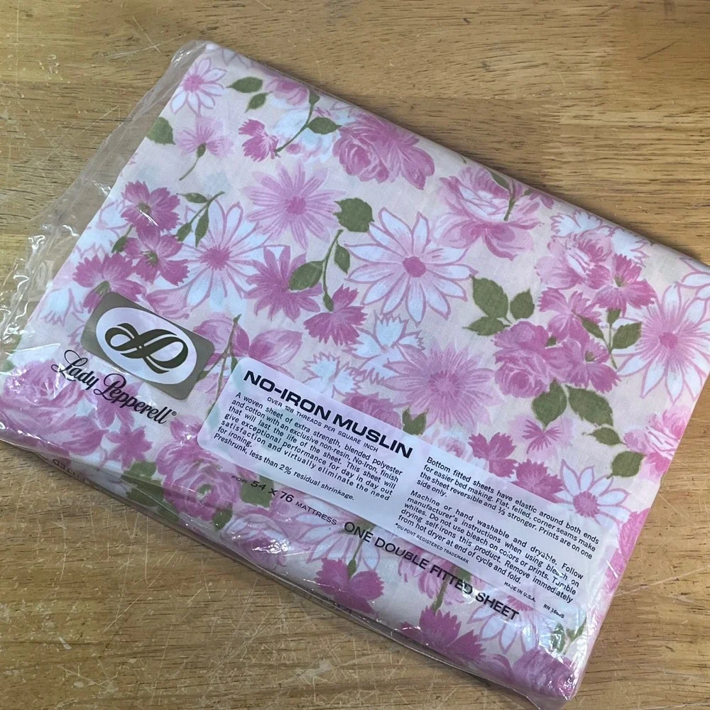 Vtg Lady Pepperell Double Fitted Sheet Pink Floral No-Iron Muslin New NOS USA